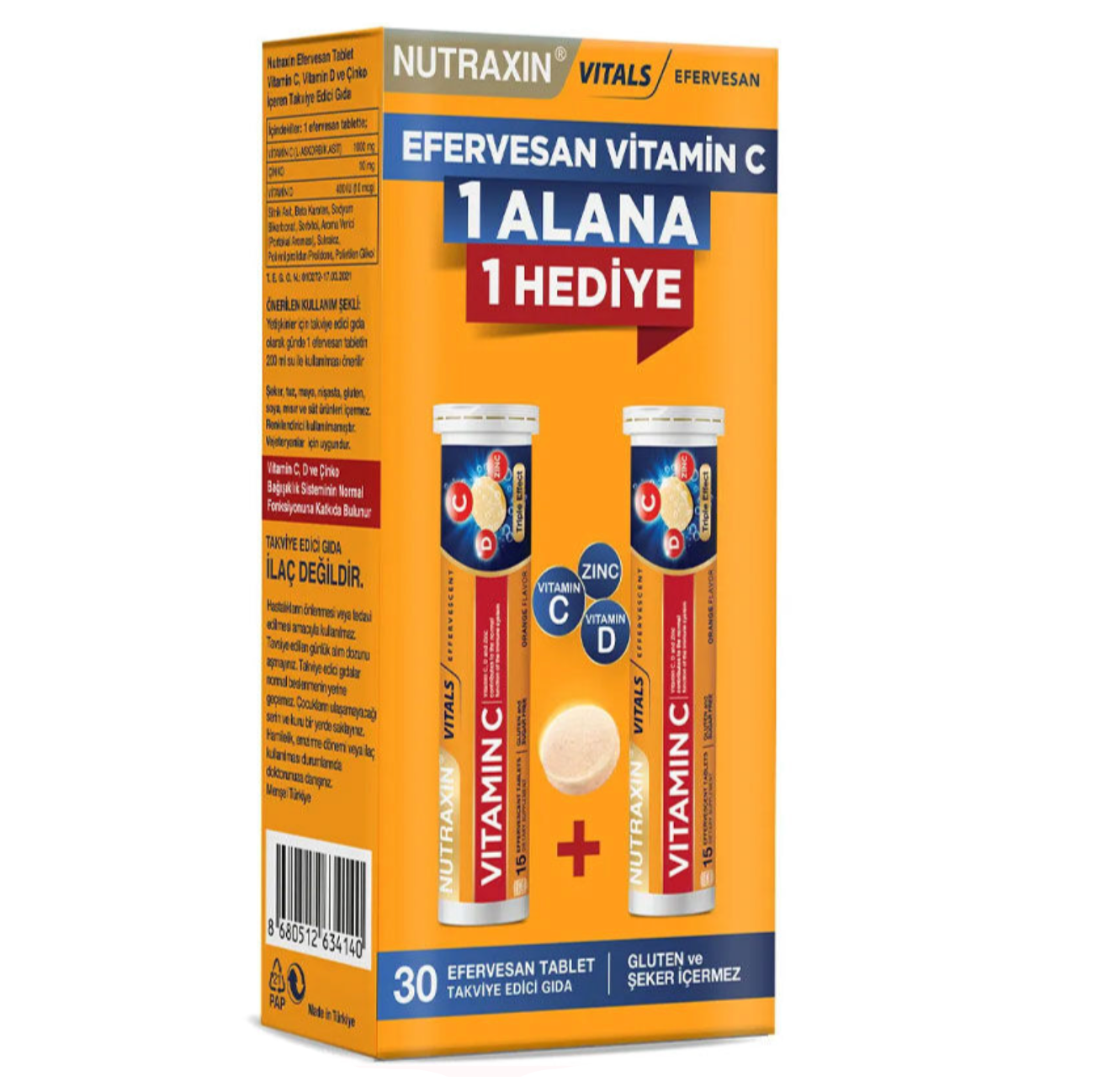 Nutraxin Efervesan - Vitamin C-D-ZINC 15 Efervesan Tablet - 1 ALANA 1 BEDAVA