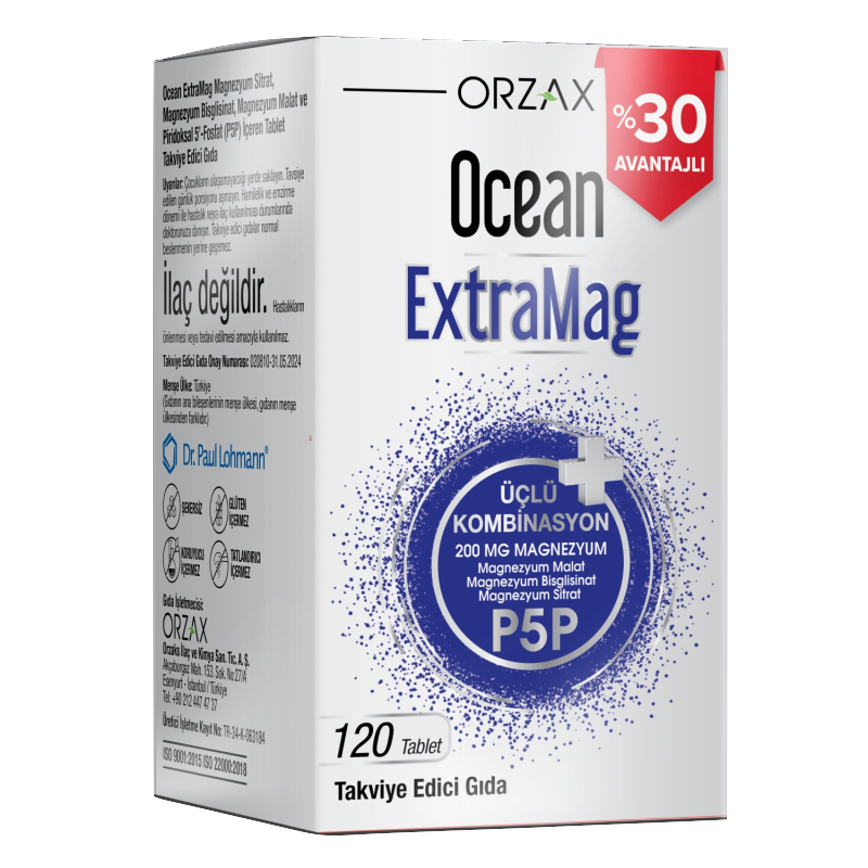 Orzax Ocean ExtraMag Üçlü Kombinasyon Magnezyum Kombinasyonu 120 Tablet